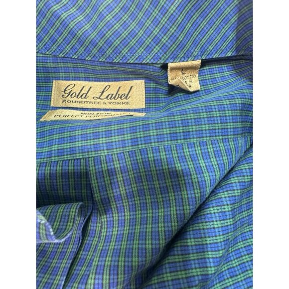 Roundtree Yorke Gold Label Dress Shirt Mens L Large Blue/Green Plaid Long Sleeve - Picture 2 of 7